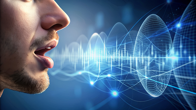 Voice AI visualization showing sound waves emanating from speech